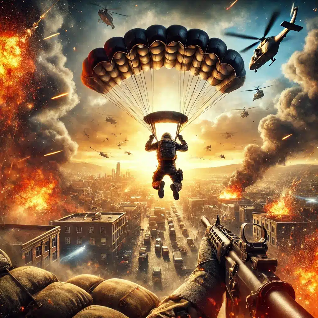 Call of Duty: Warzone i aksjon! En intens kamp utspiller seg i Al Mazrah, der en spiller lander med fallskjerm mens eksplosjoner og skuddvekslinger raser rundt dem. Den ultimate battle royale-opplevelsen med realistisk grafikk og taktisk gameplay.