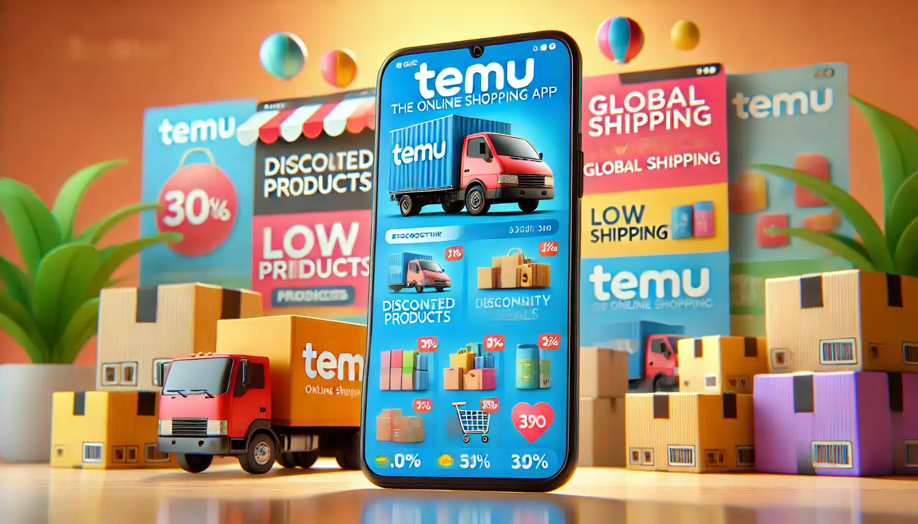 Färgglad reklambild för Temu-appen med en smartphone i centrum, omgiven av kartonger, prisskyltar och en röd skåpbil – fokus på låga priser och global leverans.