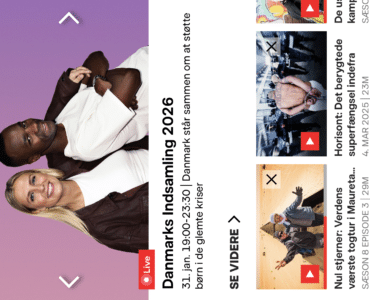 DR TV (DRTV) appens forside på mobil med live-indhold og programoversigt