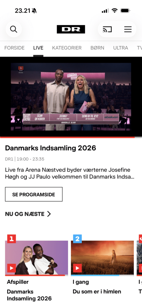 DR TV (DRTV) live-afspiller på mobil med udsendelsen Danmarks Indsamling og nu-og-næste oversigt