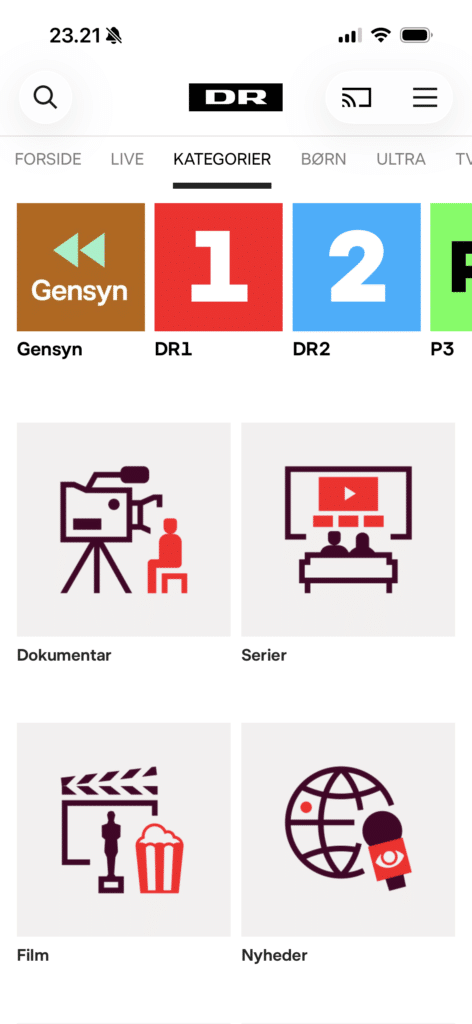 DR TV (DRTV) kategorimenu på mobil med genveje til DR1, DR2 samt dokumentar, serier, film og nyheder