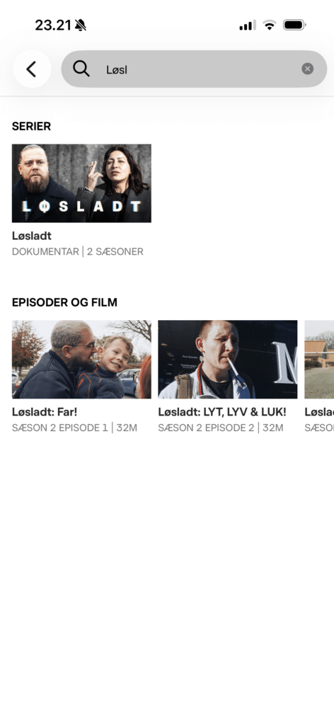 Søgning i DR TV (DRTV) på mobil, hvor resultater viser serien Løsladt og tilhørende episoder