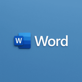 Microsoft Word-logo med et stort hvidt "W" i et blåt ikon ved siden af teksten "Word" på en ensfarvet blå baggrund. Designet er minimalistisk og moderne med rene linjer.