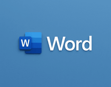Microsoft Word-logo med et stort hvidt "W" i et blåt ikon ved siden af teksten "Word" på en ensfarvet blå baggrund. Designet er minimalistisk og moderne med rene linjer.
