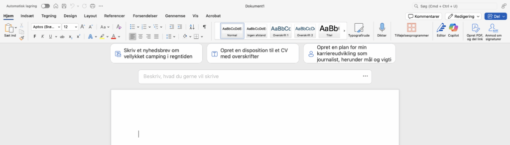 Skærmbillede af Microsoft Word med åben værktøjslinje. Øverst ses Copilot, Editor, Del-knap og autosave aktiveret. Dokumentet indeholder forslag til opgaver som nyhedsbrev, CV-disposition og karriereplan.