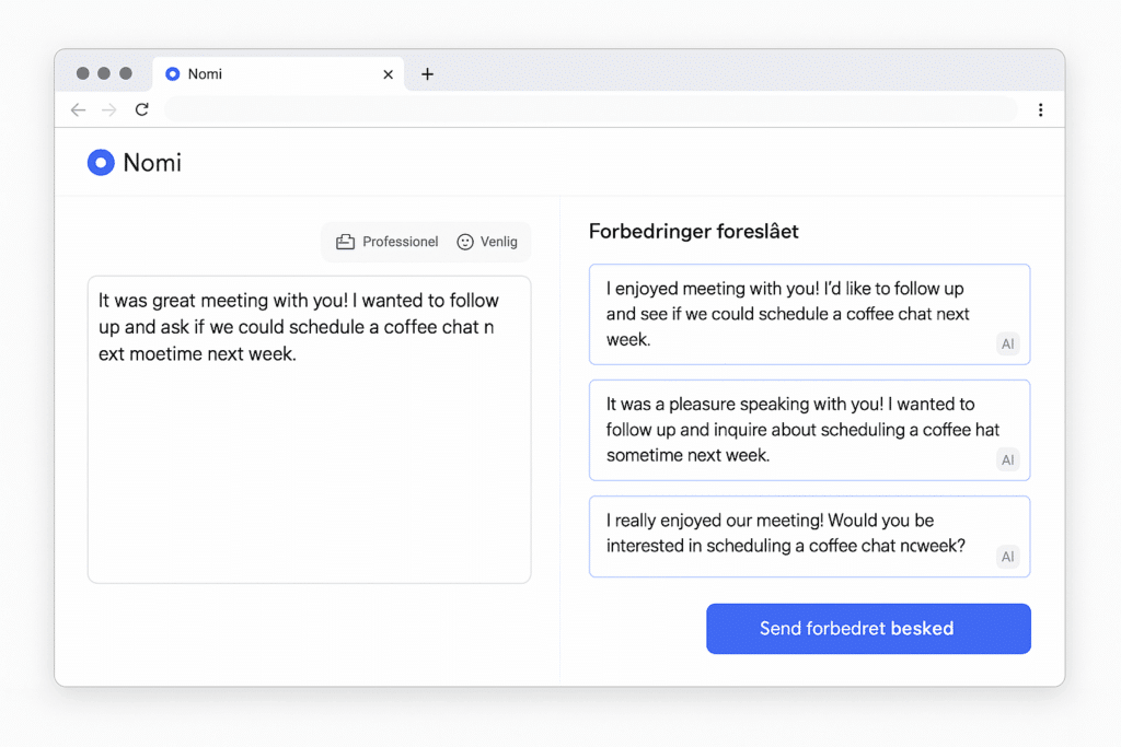 Nomi AI på desktop med en besked til venstre og AI-genererede forslag til forbedringer til højre samt knap til at sende forbedret besked.