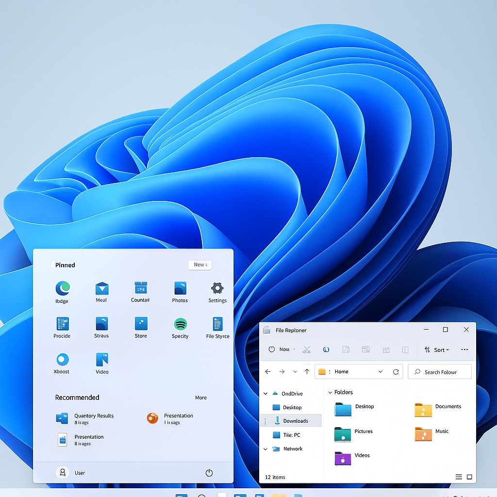 Screenshot af Windows 11 med centreret startmenu, afrundede hjørner og moderniseret File Explorer – viser det nye design og ikoner i Windows 11.