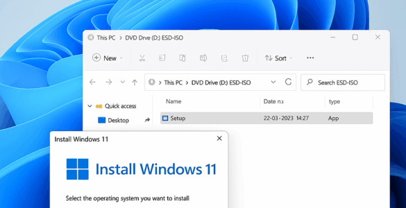 Installation af Windows 11 via ISO-fil – eksempel på opsætning med installationsvindue og ISO-mount i File Explorer, perfekt guide til hvordan man installerer Windows 11 med ISO trin for trin.