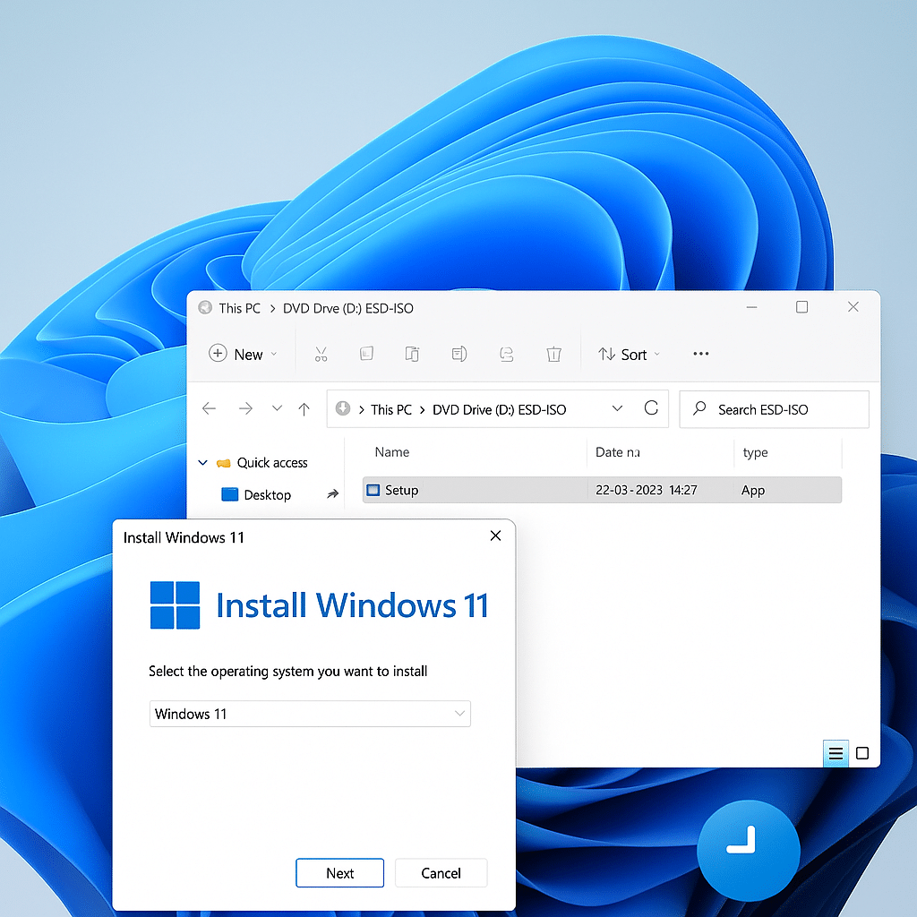 Installation af Windows 11 via ISO-fil – eksempel på opsætning med installationsvindue og ISO-mount i File Explorer, perfekt guide til hvordan man installerer Windows 11 med ISO trin for trin.