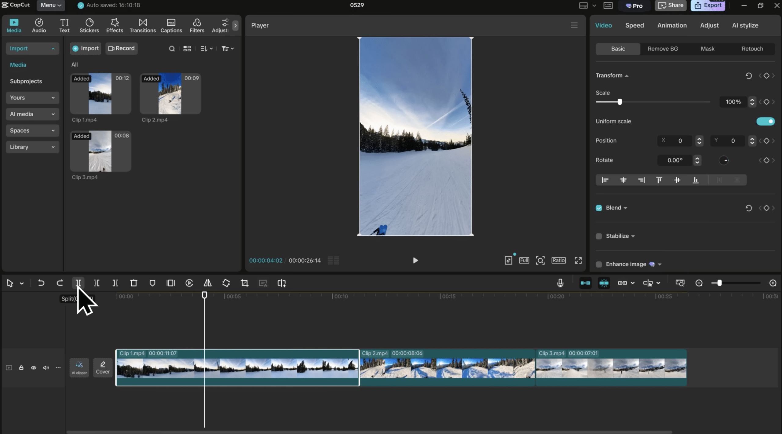 CapCut on PC with a vertical video in the editing view, where clips are split and adjusted on the timeline for social media