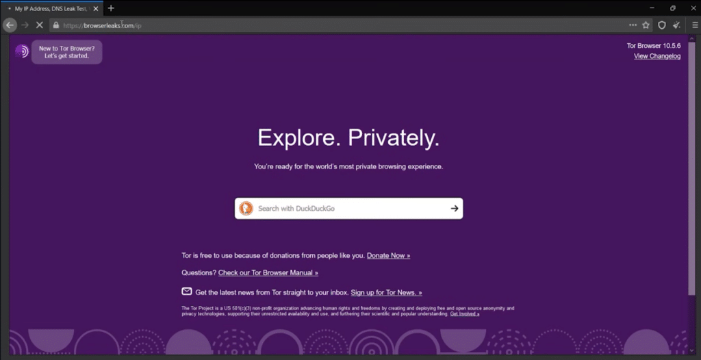 Tor Browser startside på Windows 11 under vores test – Explore. Privately. med DuckDuckGo-søgning