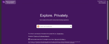 Tor Browser startside på Windows 11 under vores test – Explore. Privately. med DuckDuckGo-søgning