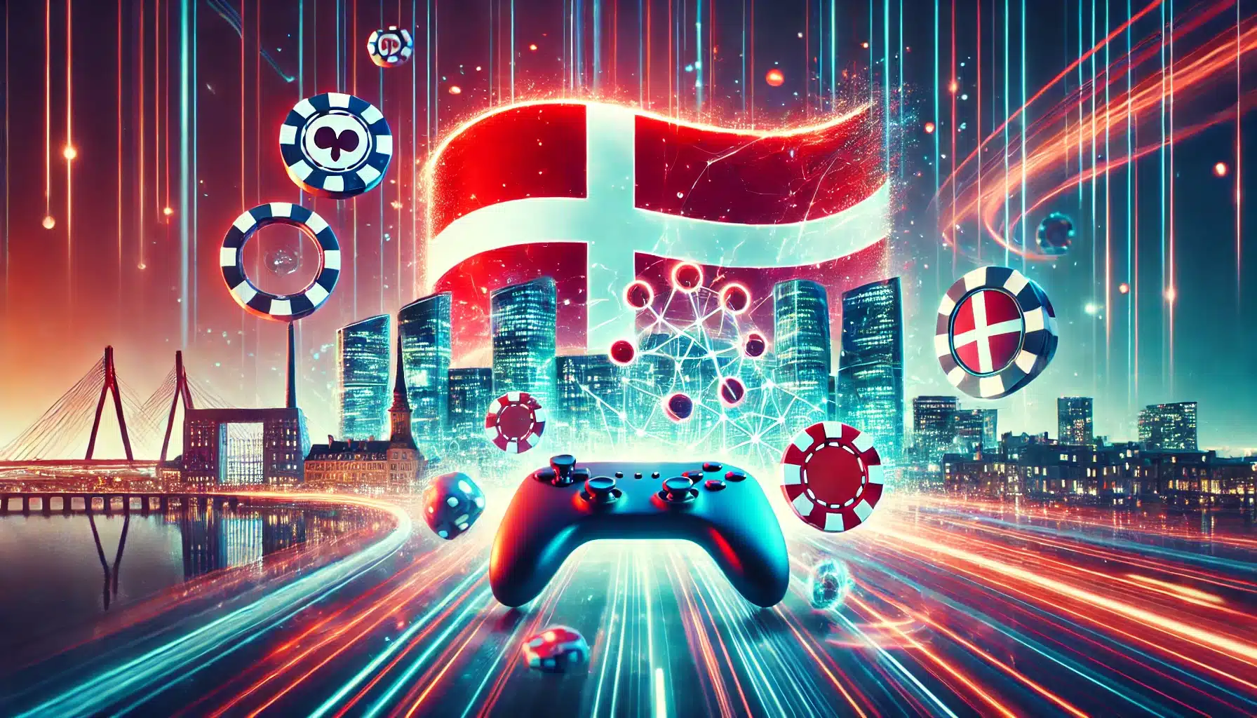 Digital illustrasjon av Danmarks marked for nettspill – futuristisk by med neonbelyste spillsymboler