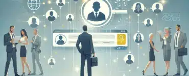 En person, der møder andre gennem en søgeresultatside (SERP), med et digitalt netværkstema for at illustrere online synlighed og forbindelser.