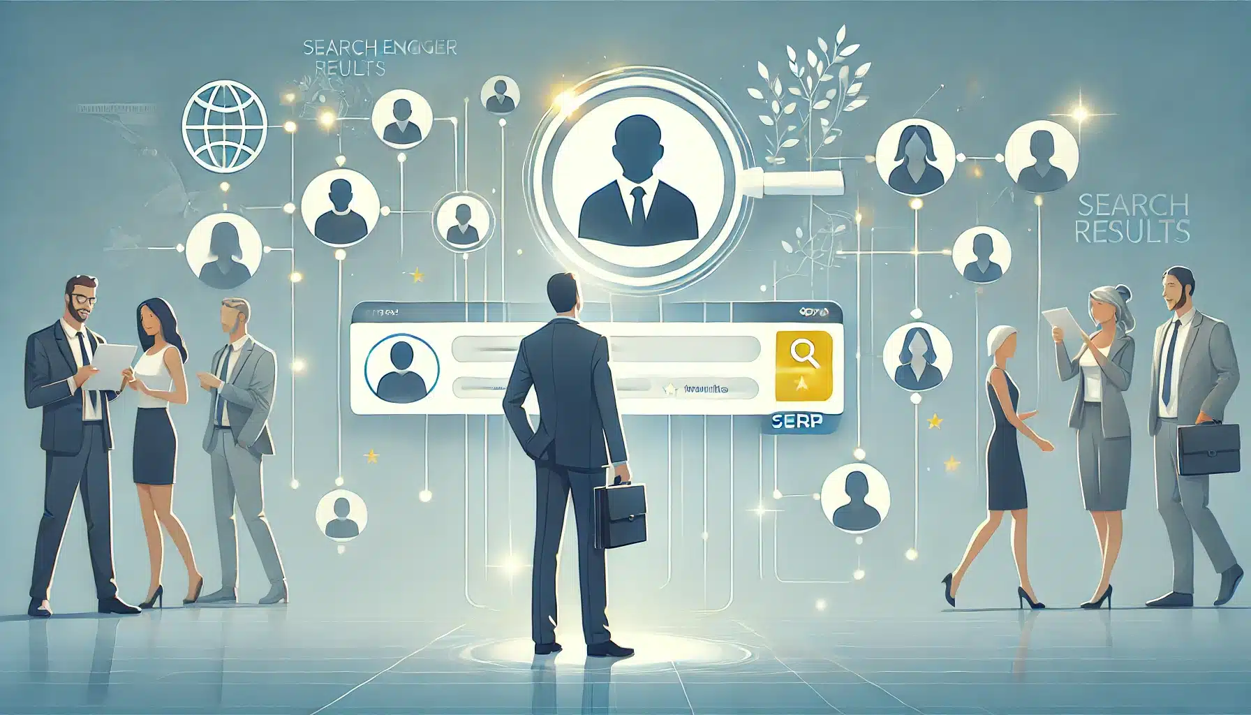 En person som møter andre via en søkeresultatside (SERP), med et digitalt nettverkstema for å illustrere synlighet og forbindelser på nett.