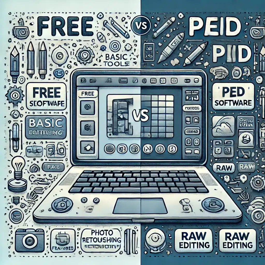 En detaljeret digital illustration af en delt skærm på en laptop, hvor venstre side viser gratis software med grundlæggende værktøjer, mens højre side viser betalt software med avancerede funktioner som AI-retouchering og RAW-redigering. Baggrunden inkluderer ikoner, der repræsenterer pris, funktioner og brugeroplevelse.