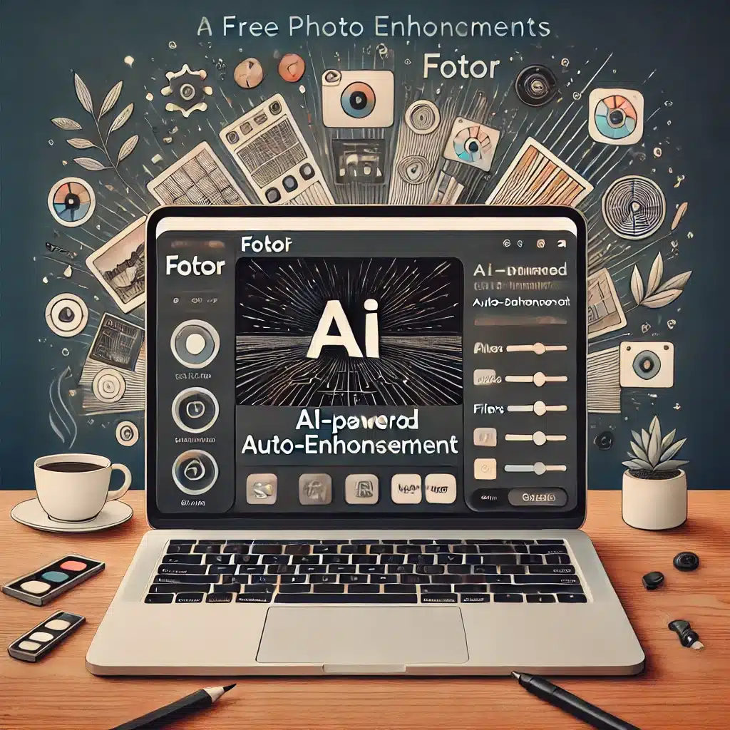 En digital illustration af en laptop med Fotor’s interface, der viser AI-drevet auto-forbedring, filtre og grundlæggende redigeringsværktøjer. Baggrunden indeholder kunstneriske elementer, der symboliserer simplicitet og effektivitet.