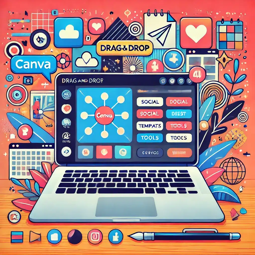 En digital illustration af en laptop med Canva’s drag-and-drop interface, der viser sociale medie-skabeloner, tekstværktøjer og design-elementer. Baggrunden inkluderer farverige grafiske elementer, der symboliserer kreativitet og tilgængelighed.