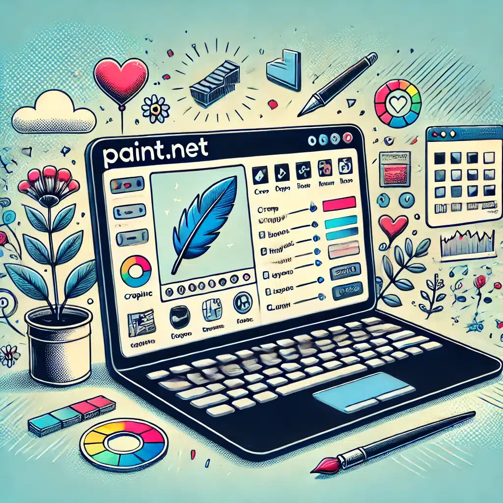 En digital illustration af en laptop med Paint.NET’s enkle brugerflade, der viser grundlæggende redigeringsværktøjer som beskæring, lysstyrkejustering og lagfunktioner. Baggrunden inkluderer kunstneriske elementer, der understreger brugervenlighed og tilgængelighed.