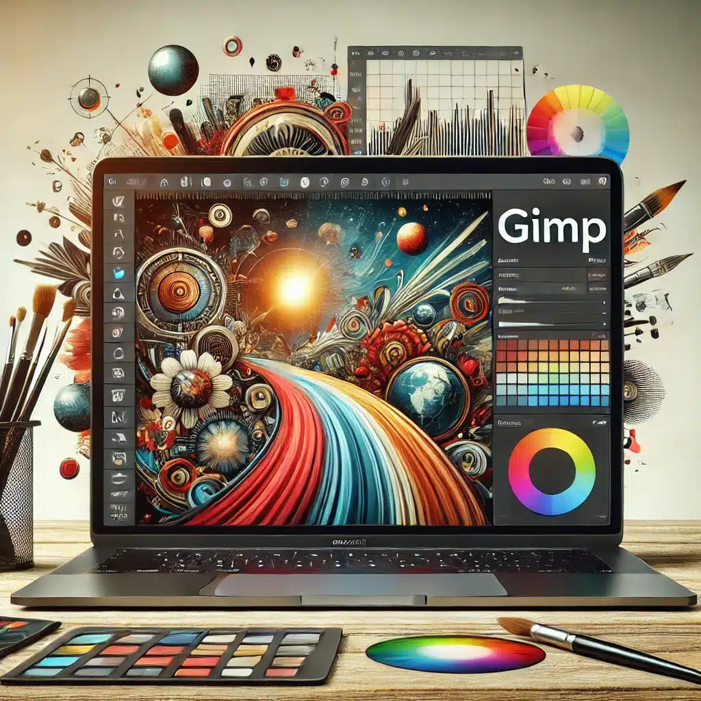 En moderne digital illustration af en laptop med GIMP's brugerflade, der viser lag, pensler og redigeringsværktøjer. Baggrunden indeholder kunstneriske elementer som farvepaletter og justeringsskydere, hvilket fremhæver GIMP’s avancerede redigeringsmuligheder.