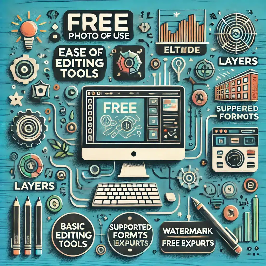 En digital illustration med ikoner for brugervenlighed, grundlæggende redigeringsværktøjer, lag, formatunderstøttelse og vandmærkefri eksport. Baggrunden har et kreativt og teknologisk inspireret tema, der fremhæver, hvor tilgængelige gratis fotoredigeringsværktøjer er for begyndere.