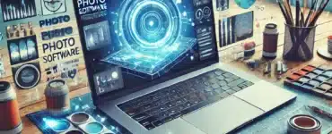 Et kreativt arbejdsområde med en laptop, der viser en intuitiv fotoredigeringssoftware. Interfacet har beskæring, farvejustering og filtermuligheder, mens baggrunden inkluderer kunstneriske elementer som en farvepalette, pensler og digitale værktøjer – symboliserende brugervenlighed og kreativitet.