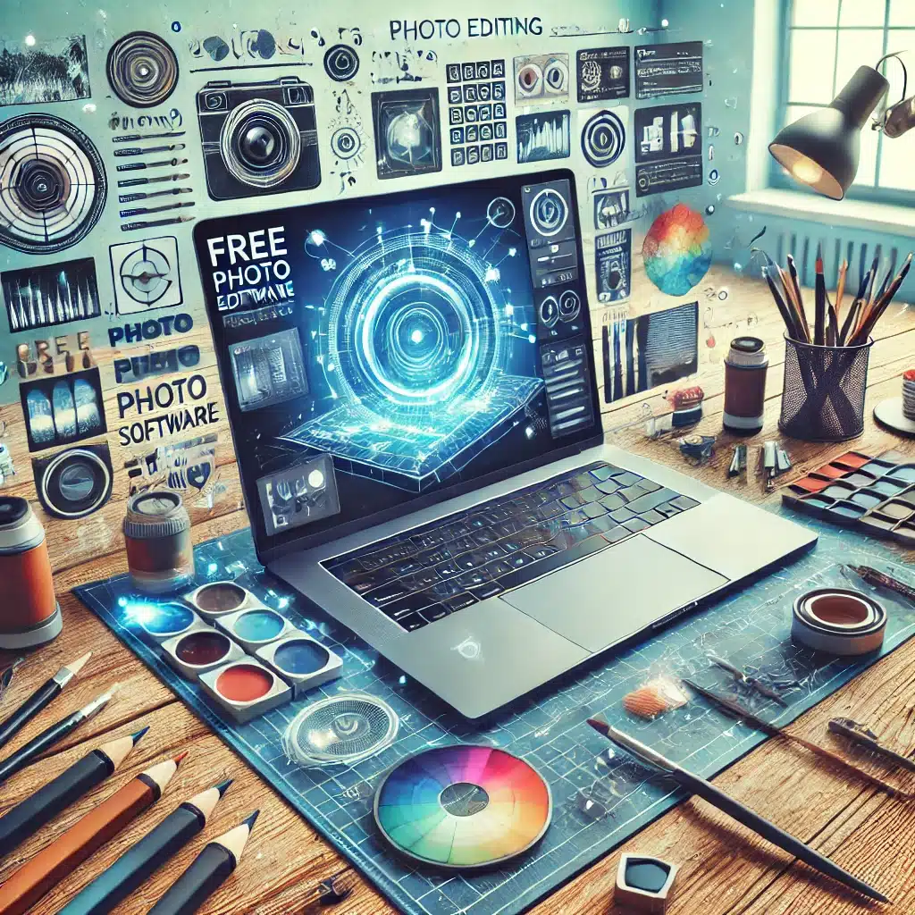 En kreativ arbetsyta med en laptop som visar en intuitiv fotoredigeringsprogramvara. Gränssnittet har beskärning, färgjustering och filteralternativ, medan bakgrunden inkluderar konstnärliga element som en färgpalett, penslar och digitala verktyg – vilket symboliserar användarvänlighet och kreativitet.