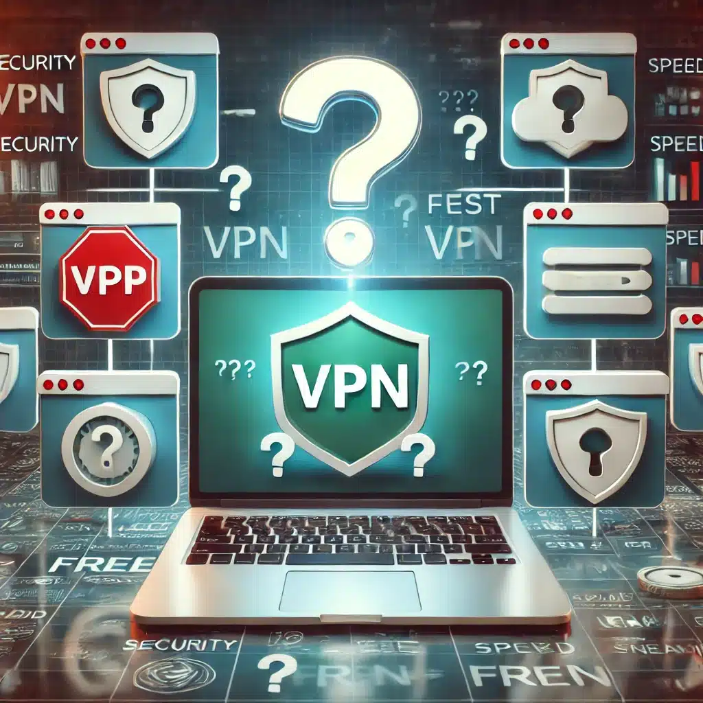 🤔 Laptop mit mehreren VPN‑Optionen und schwebenden Fragezeichen – symbolisiert die Wahl und den Vergleich kostenloser VPNs. Mit Sicherheits‑, Geschwindigkeits‑ und Streaming‑Icons für unterschiedliche Bedürfnisse.
