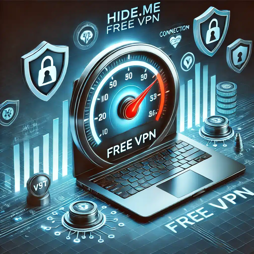 ⚡ Schlanker Laptop mit VPN‑Status und Speedometer – betont schnelle Verbindungen. Symbole für Schutzschilde und Datenverschlüsselung stehen für Privatsphäre.