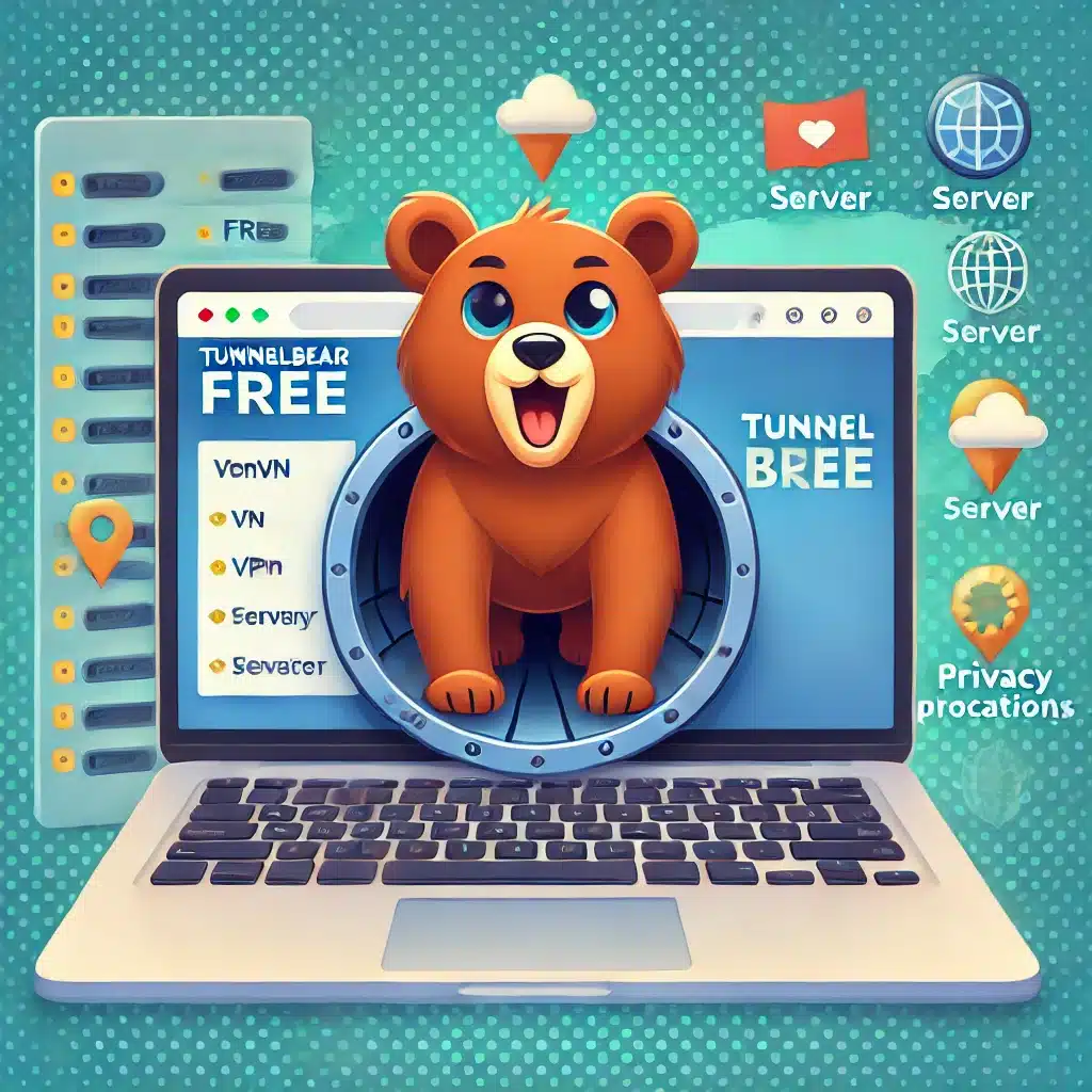 🐻 Cartoon‑Bär taucht aus einer VPN‑Tunnel‑Laptop‑Szene auf – symbolisiert sicheres Surfen. Mit mehreren Serverstandorten und Privatsphäre‑Icons – betont Benutzerfreundlichkeit und Sicherheit.