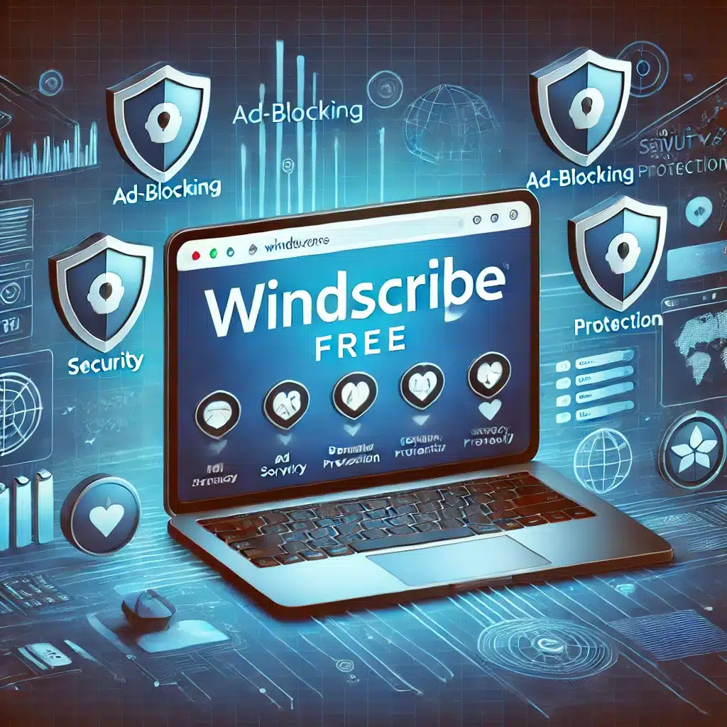 🌍 Laptop mit Windscribe‑Interface und hervorgehobenen Serverstandorten. Symbole für Ad‑Blocking, Sicherheit und Privatsphäre zeigen die integrierten Funktionen – vor Cybersecurity‑Hintergrund.