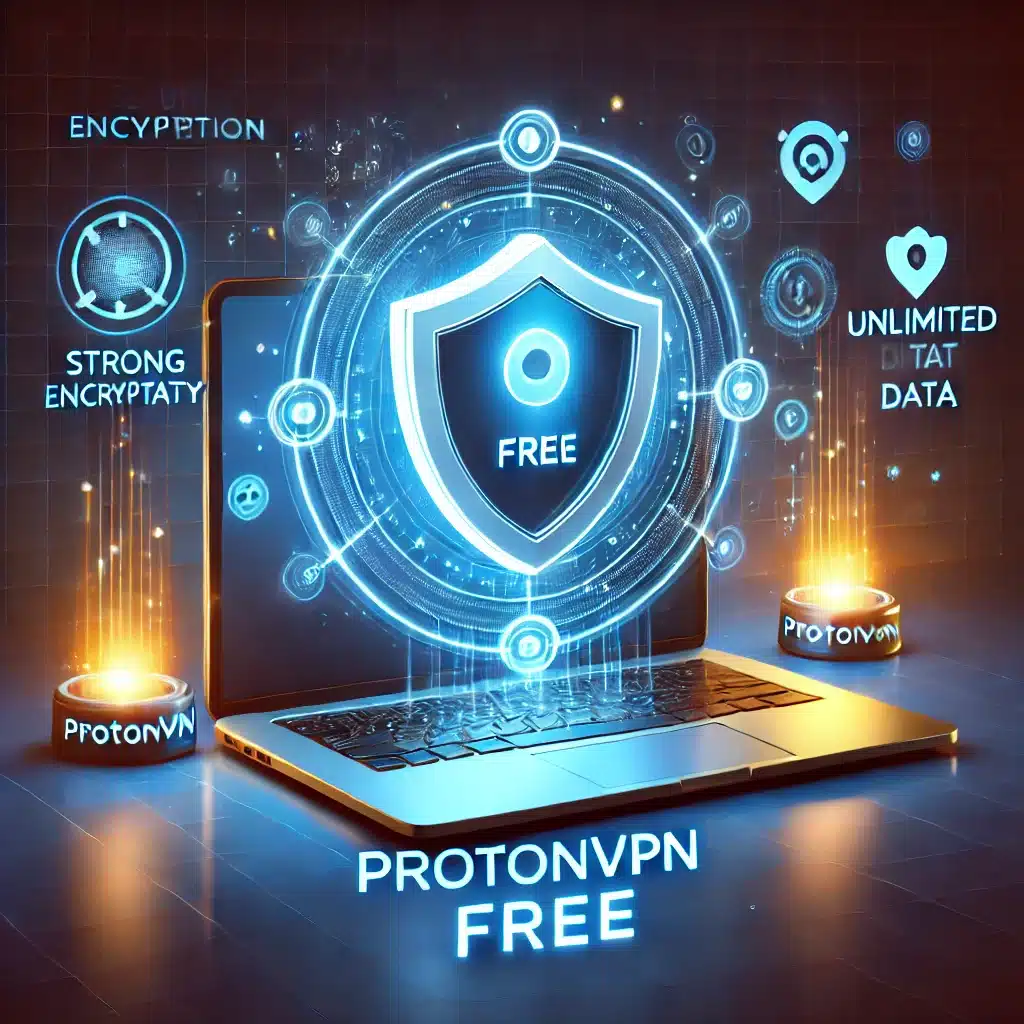 🛡️ Sichere Laptop‑Darstellung mit ProtonVPN‑Logo und Schutzschild: hebt starke Verschlüsselung und unbegrenzte Daten hervor. Mit Symbolen für Online‑Sicherheit, Privatsphäre und Internetfreiheit.