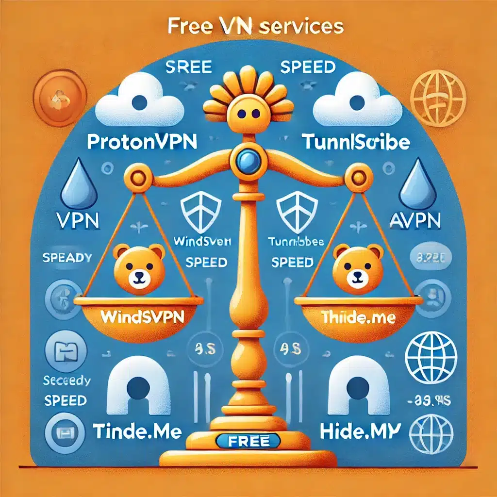 ⚖️ Det visar en balanserad våg med ProtonVPN, Windscribe, TunnelBear, Hide.me och AtlasVPN, symboliserande en rättvis jämförelse av de bästa gratis VPN. Bakgrunden inkluderar ikoner för streaming, säkerhet, hastighet och serverplatser.