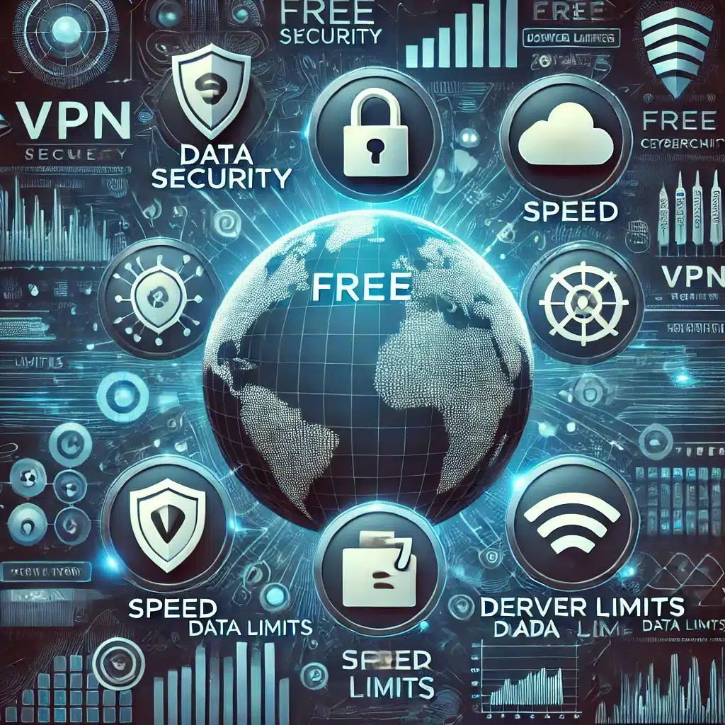 🎯 Det visar de viktigaste faktorerna du bör överväga, såsom datasäkerhet, hastighet, serverplatser, datagränser och användarvänlighet, med ett cybersäkerhetstema i bakgrunden.