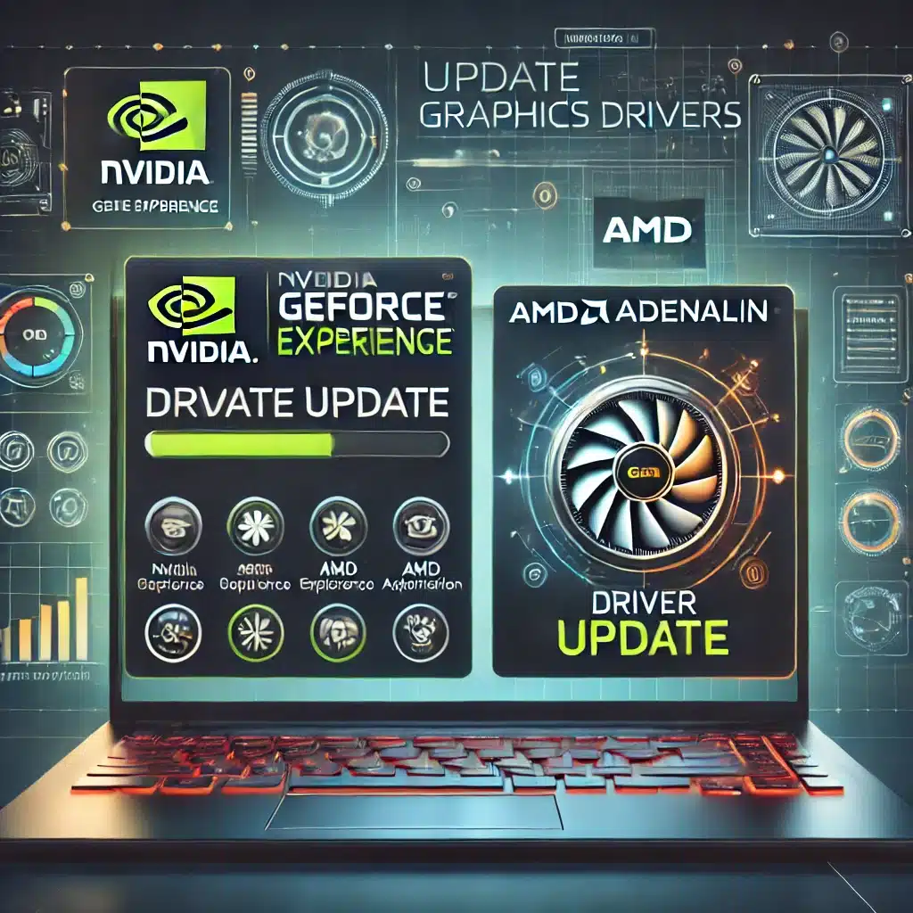 🎮 Det viser en laptop-skærm med NVIDIA GeForce Experience og AMD Adrenalin Software åbne, hvor driveropdateringsknapperne er fremhævet. Baggrunden indeholder GPU-ydeevnegrafer og gaming-optimeringssymboler.