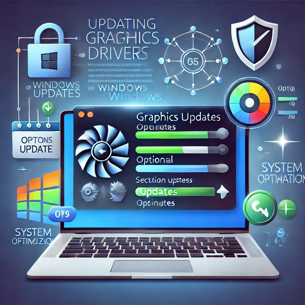💻 Det viser en laptop med Windows Update-indstillinger åben, hvor sektionen Valgfrie opdateringer er fremhævet. Der er også ikoner for en progress bar, sikkerhedsskjold og systemoptimering.
