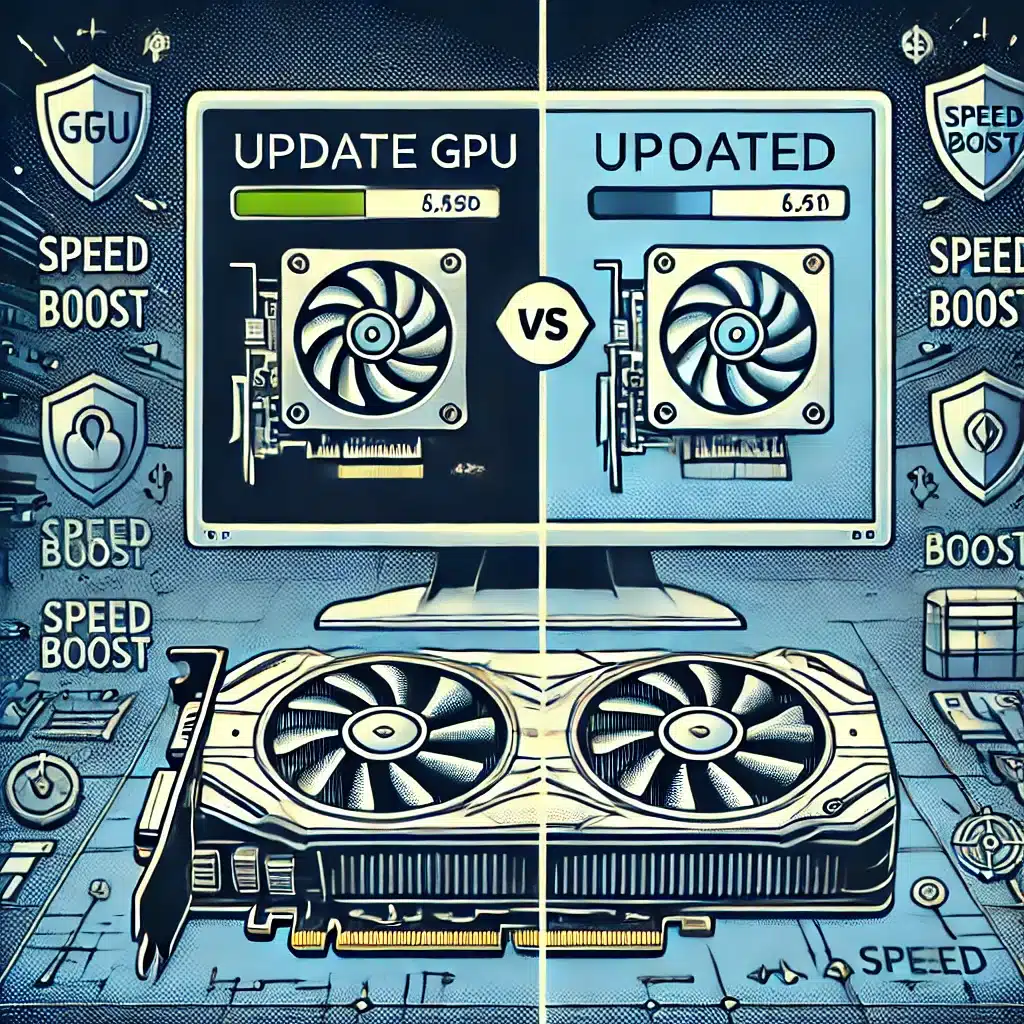 🎮 Det viser en delt skærm Den ene side har en forældet driver med laggy performance, mens den anden har en opdateret driver med flydende gameplay og forbedrede grafikker.