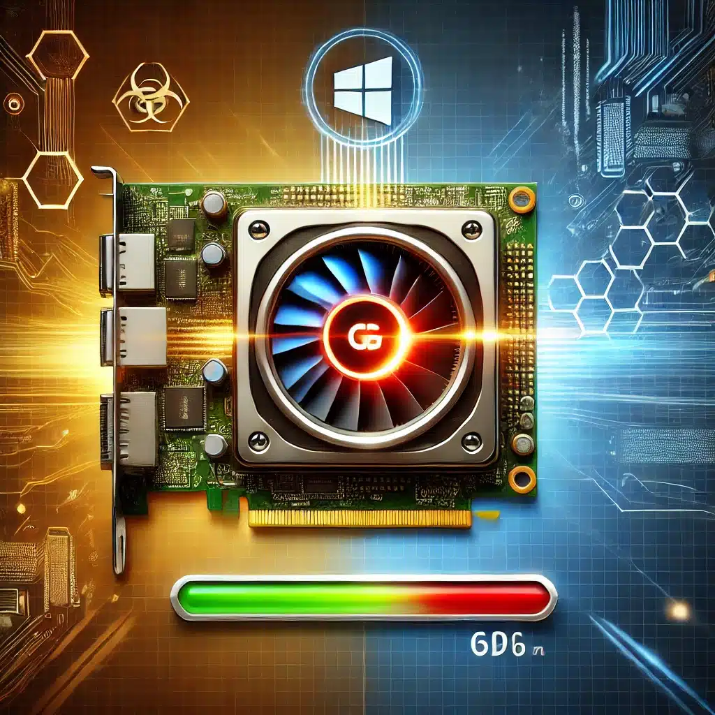 Sådan opdaterer du dine grafikkortdrivere på Windows – trin-for-trin guide - En Windows 11 PC med en opdatering af grafikkortdriveren i gang, et glødende GPU-chipikon og optimeringselementer i baggrunden