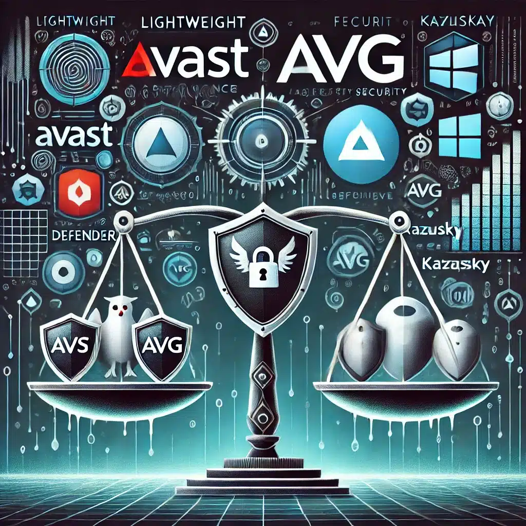 En vægtskål med Avast og Bitdefender på den ene side, der symboliserer let og effektiv sikkerhed, mens AVG og Kaspersky er på den anden side, der repræsenterer mere funktionsrige, men tungere løsninger. Microsoft Defender er placeret i midten som en standardindbygget mulighed. Baggrunden indeholder abstrakte cybersikkerhedselementer.