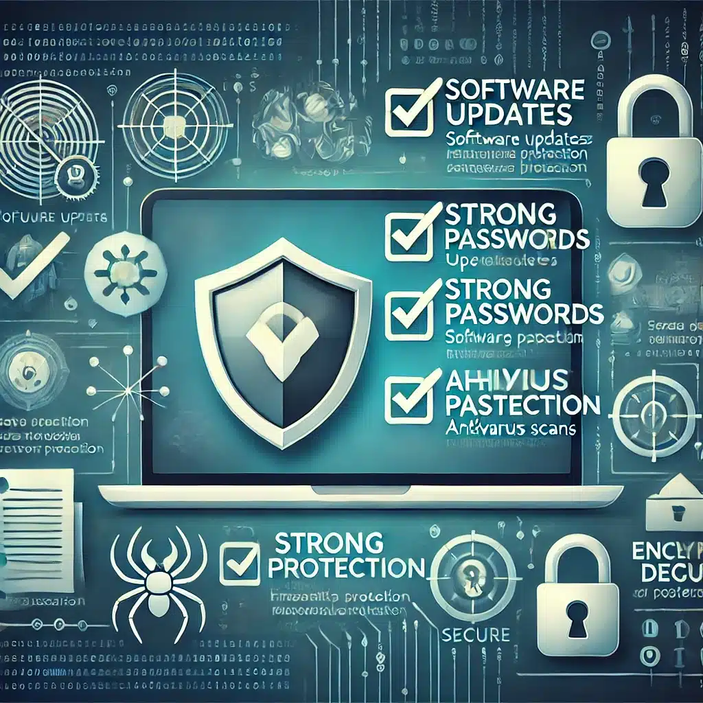 En tjekliste med sikkerhedsforanstaltninger som softwareopdateringer, stærke adgangskoder, phishing-beskyttelse og antivirus-scanninger. Et skjoldikon symboliserer beskyttelse, og baggrunden indeholder subtile cybersikkerhedselementer.