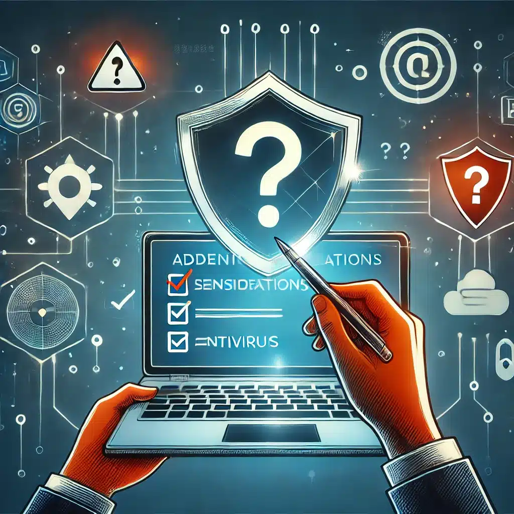 Beslutningsproces med en laptop, der fremhæver sikkerhedsmuligheder, checkmarks og spørgsmålstegn, samt subtile cybersikkerhedselementer i baggrunden.