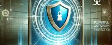 Top 5 gratis antivirusprogrammer til Windows 11 - en futuristisk Windows 11-computer med kraftig antivirusbeskyttelse, et holografisk skjold og cybersikkerhedssymboler, der svæver omkring. Baggrunden har et højteknologisk look med firewalls og krypteringsmønstre.