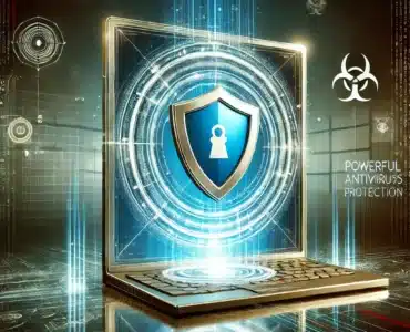 Top 5 gratis antivirusprogrammer til Windows 11 - en futuristisk Windows 11-computer med kraftig antivirusbeskyttelse, et holografisk skjold og cybersikkerhedssymboler, der svæver omkring. Baggrunden har et højteknologisk look med firewalls og krypteringsmønstre.