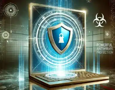 Top 5 gratis antivirusprogrammer til Windows 11 - en futuristisk Windows 11-computer med kraftig antivirusbeskyttelse, et holografisk skjold og cybersikkerhedssymboler, der svæver omkring. Baggrunden har et højteknologisk look med firewalls og krypteringsmønstre.