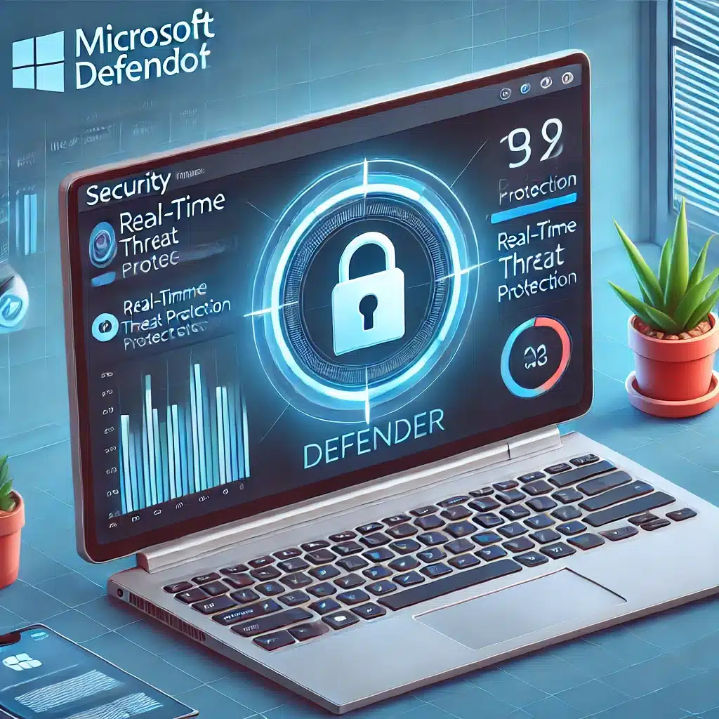 Microsoft Defender, der viser en Windows 11-laptop med et sikkerhedsdashboard og en igangværende systemscanning. Jeg laver nu flere billeder til de resterende sektioner.