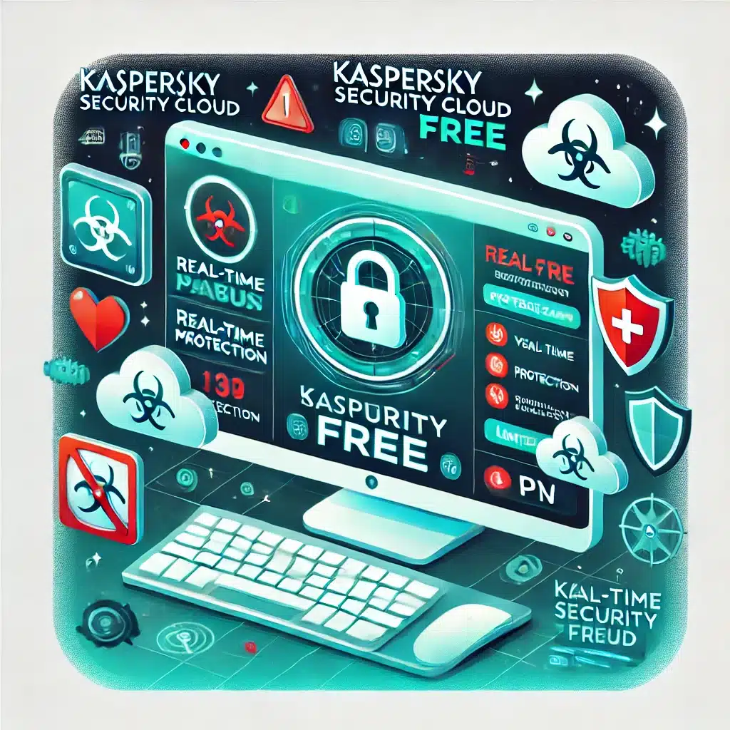 Kaspersky Security Cloud Free, der viser en computerskærm med en aktiv virusscanning og sikkerhedsnotifikationer. Jeg laver nu flere billeder til de resterende sektioner.