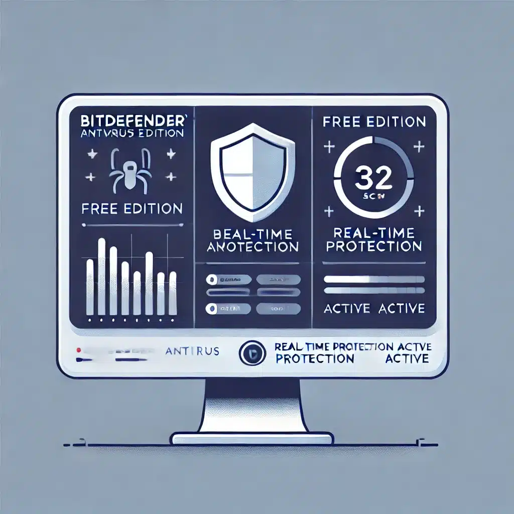 Bitdefender Antivirus Free Edition, der viser et computerskærmbillede med et sikkerhedsdashboard og realtidsbeskyttelse aktiv. Jeg laver nu flere billeder til de resterende sektioner.