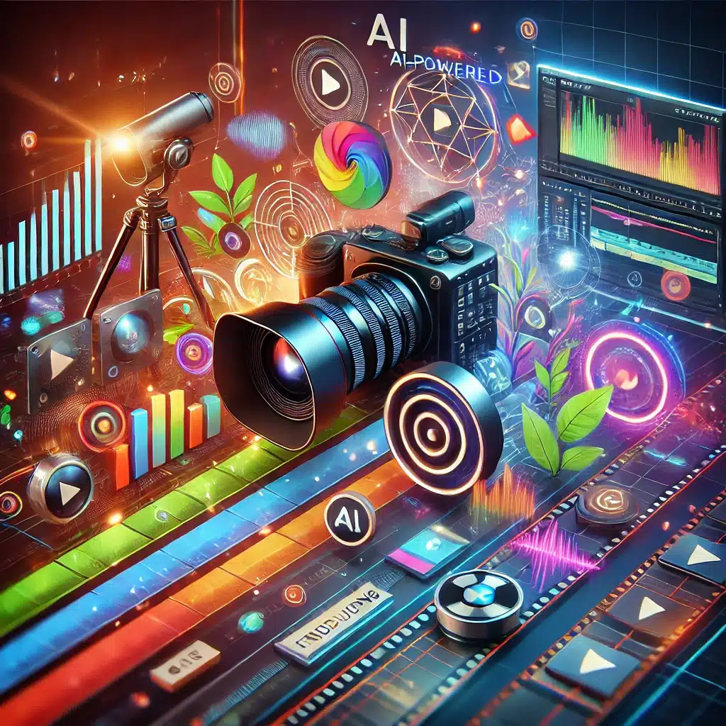 En kreativ og engagerende illustration, der viser CapCut’s funktioner som AI-effekter, transitions og farvekorrigering.