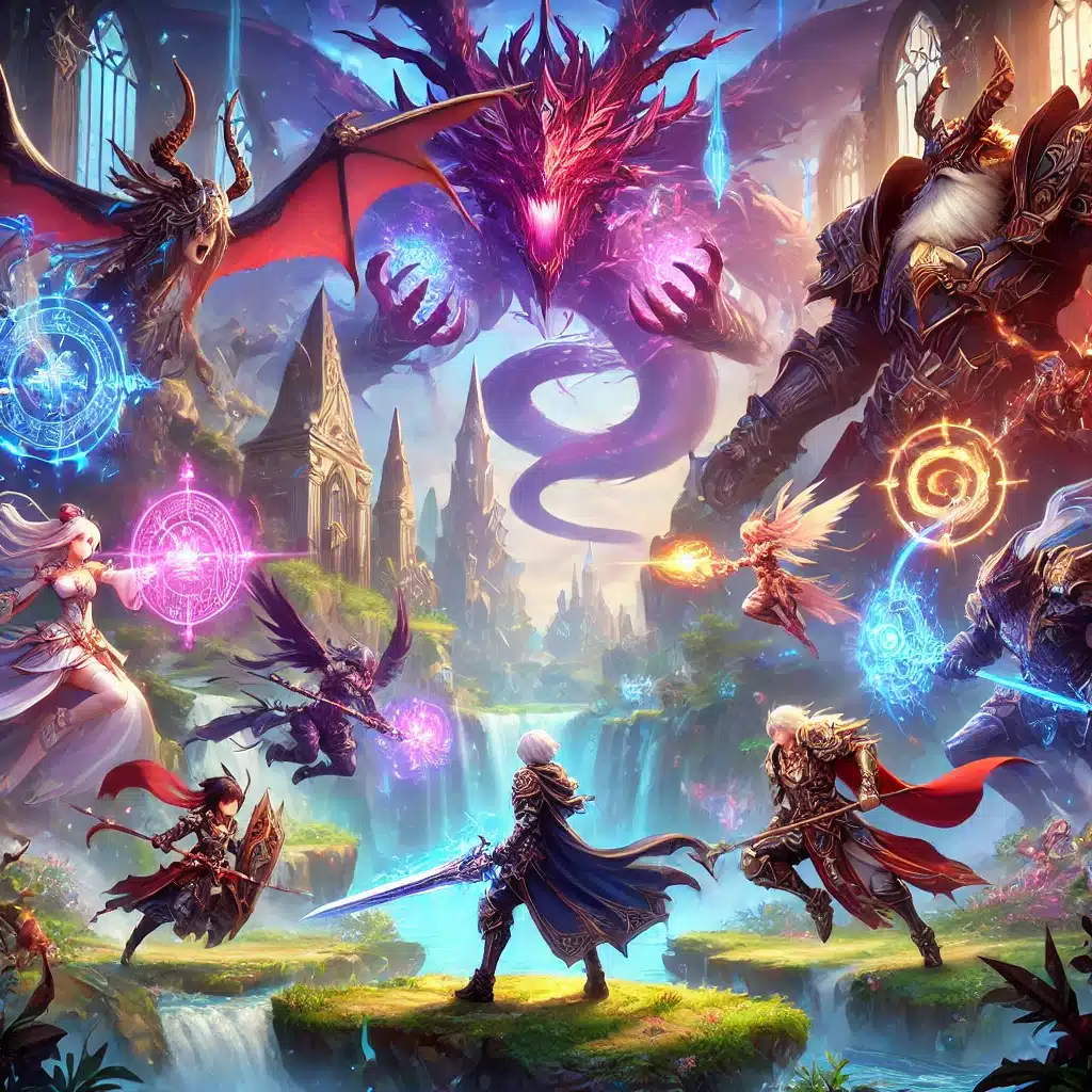 Episk fantasystrid från AFK Journey med hjältar som använder magiska förmågor mot mytiska varelser i en färgstark RPG-värld.