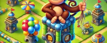 Billede af Bloons TD 6 gameplay med aber, balloner og strategiske tårne i en farverig tower defense-bane.